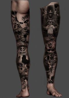 a man's leg with many different tattoos on it and his legs are shown