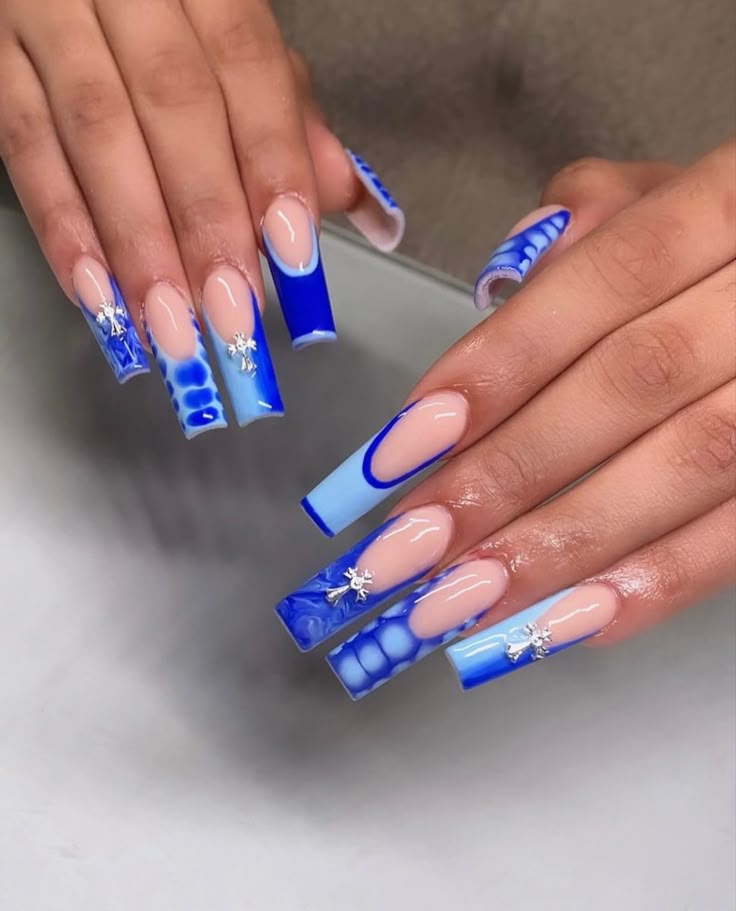 Nail ideas Royal Blue Nails Designs, Royal Blue Nails, Unghie Nail Art, Long Acrylic Nail Designs, Blue Acrylic Nails, Colored Acrylic Nails, French Tip Acrylic Nails, French Acrylic Nails, Dope Nail Designs