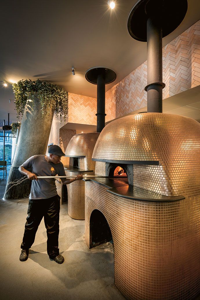 a man standing in front of an oven holding a pizza peel over it's head