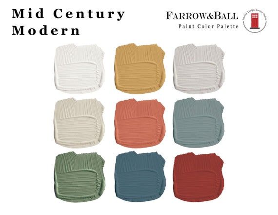 six different colors of paint for the mid century modern furniture collection, with text overlaying them