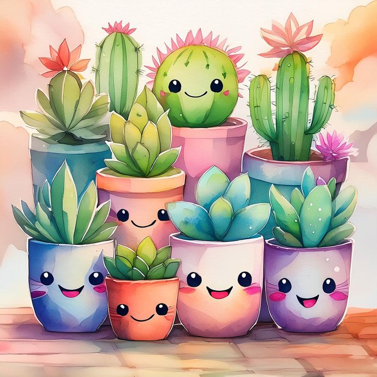 a group of potted plants with faces drawn on them