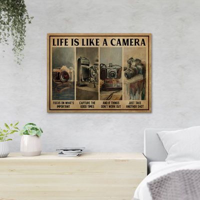 an old fashioned camera advertisement hangs on the wall above a bed