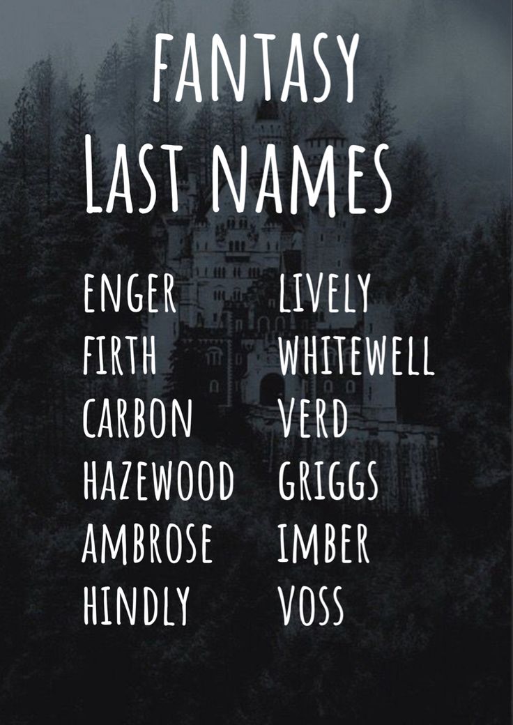 a poster with the words fantasy last names written in white on a dark forest background