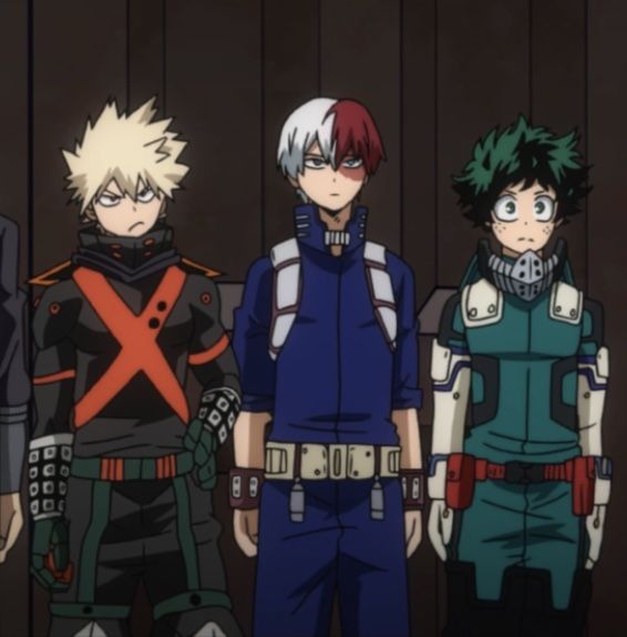 three anime characters standing next to each other