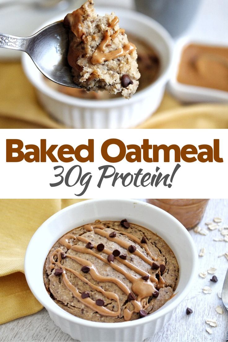 baked oatmeal in a bowl with chocolate chips and peanut butter on top