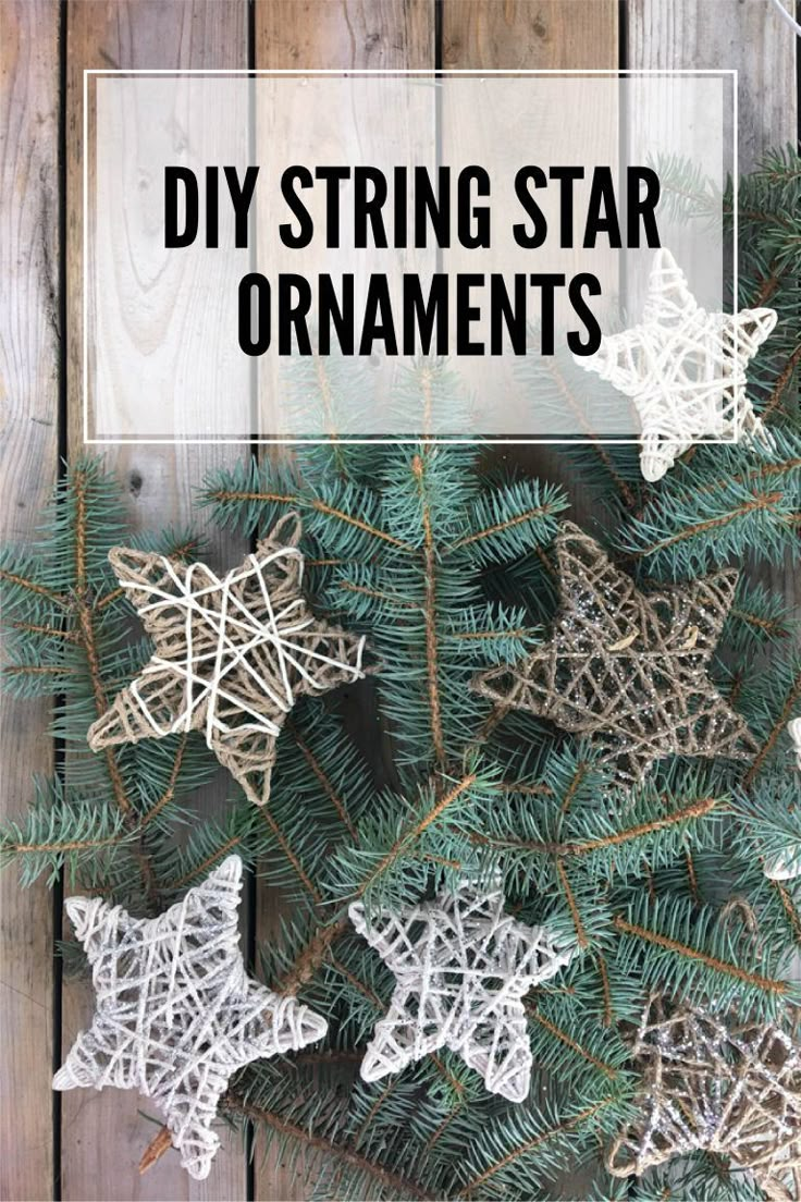 christmas tree ornaments with text overlay that reads diy string star ornaments