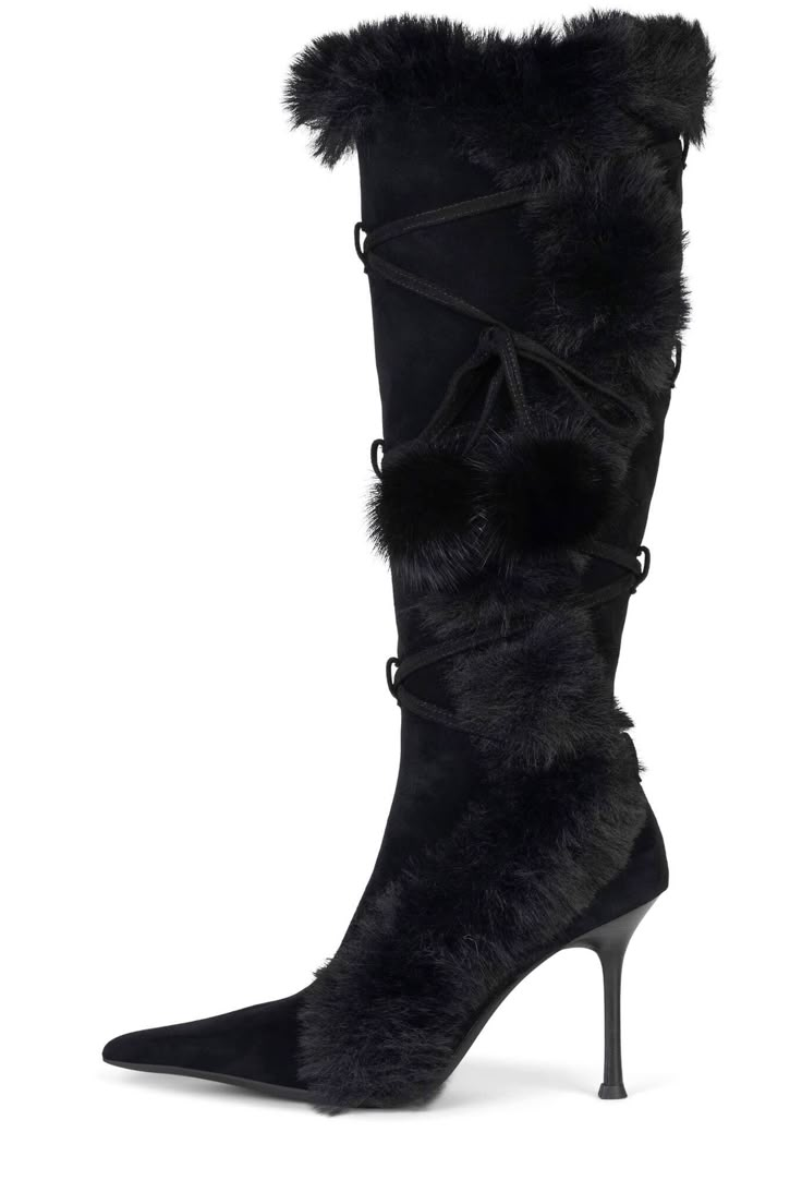 FLUFFMENOT YYH Black Combo 6 Really High Heels, High Heel Boots With Fur, Heels Front View, Fur Heel Boots, Fur Boots Heels, Boots With Fur Trim, High Fashion Boots, Knee High Stiletto Boots, Black Lace Heels