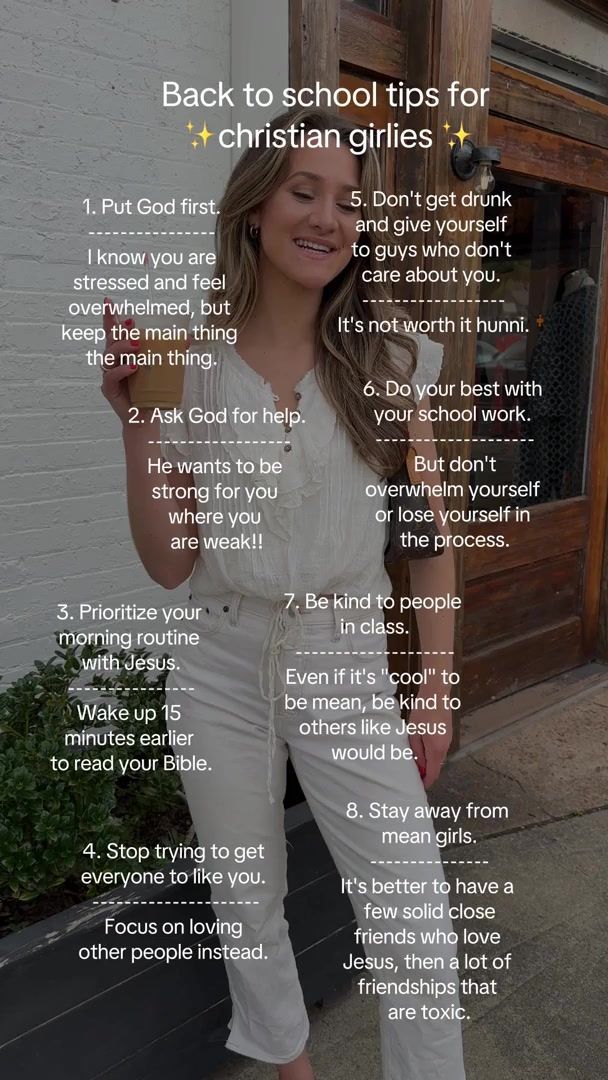 a woman standing in front of a building with the words back to school tips for christian girls