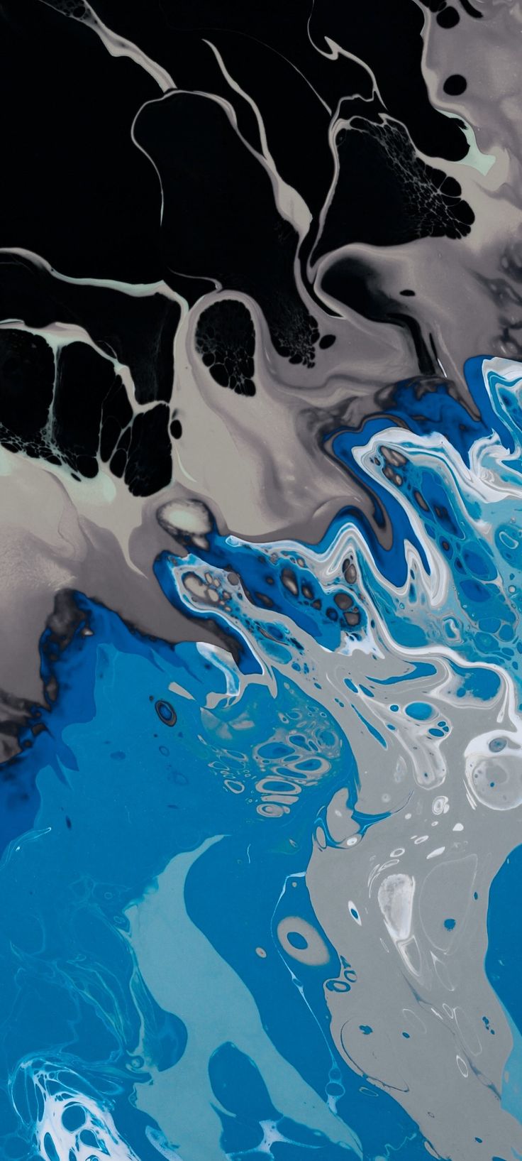 an abstract painting with blue and grey colors on it's surface, as well as water