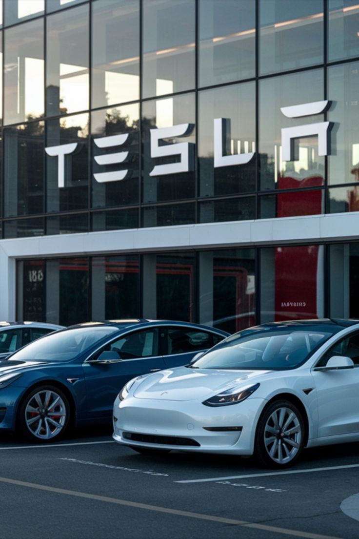 several electric cars are parked in front of a tesla dealership with the company's logo on it