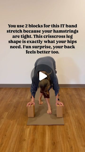 a person standing on one leg in front of a yoga mat with the words, you're 2 blocks for this hand and stretch because your hampering are tight