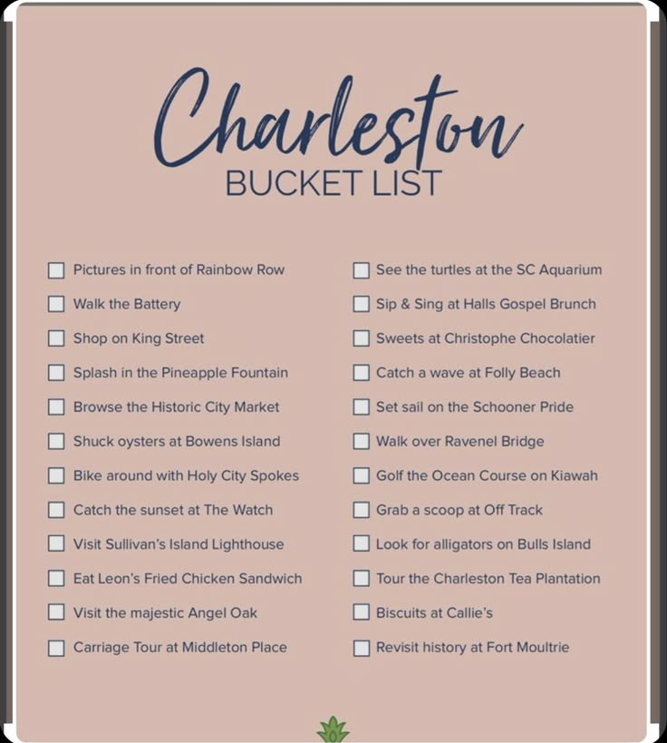 the charleston bucket list is shown on a pink background