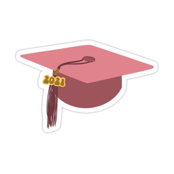 a pink graduation cap sticker with a gold tassel on the end of it