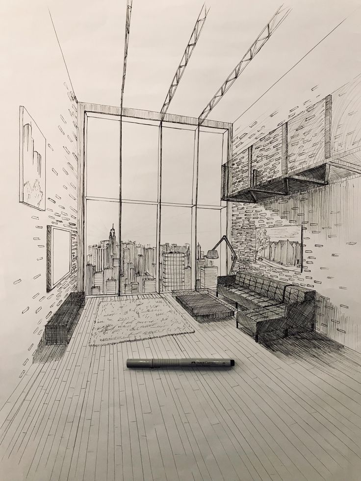 a drawing of a living room with couches and shelves on the wall next to it