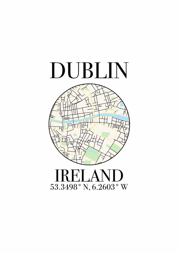 the dublin city map in black and white with text that reads dublin, irrlland