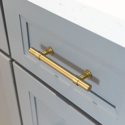 a close up of a gold handle on a white cabinet