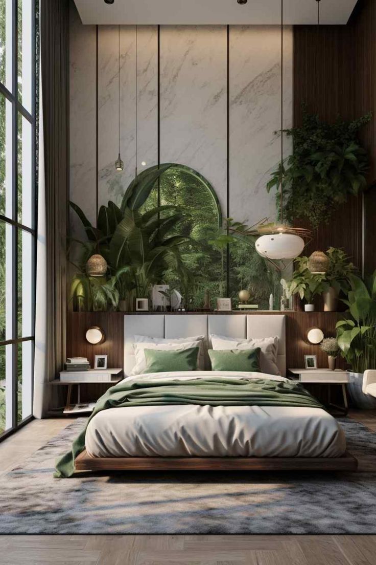 a bedroom that has plants on the wall and a large bed in front of it