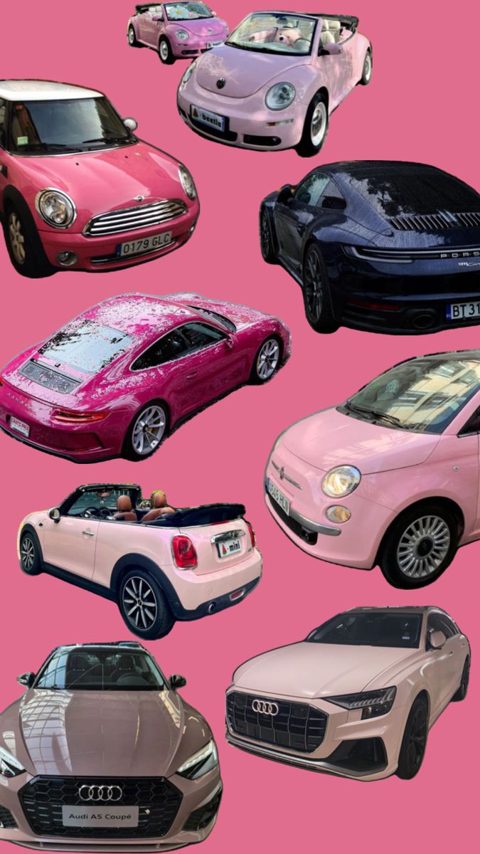 many different types of cars on a pink background