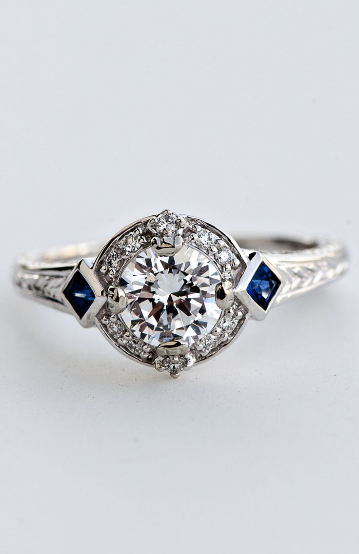 R5657E #vintage #sapphire #halo #diamond #whitegold #wilsondiamonds Pinterest Engagement, Vintage Sapphire, Wedding Rings Vintage, Men Diamond Ring, Round Moissanite, Vintage Jewels, Art Deco Jewelry, Love Ring, Dream Jewelry