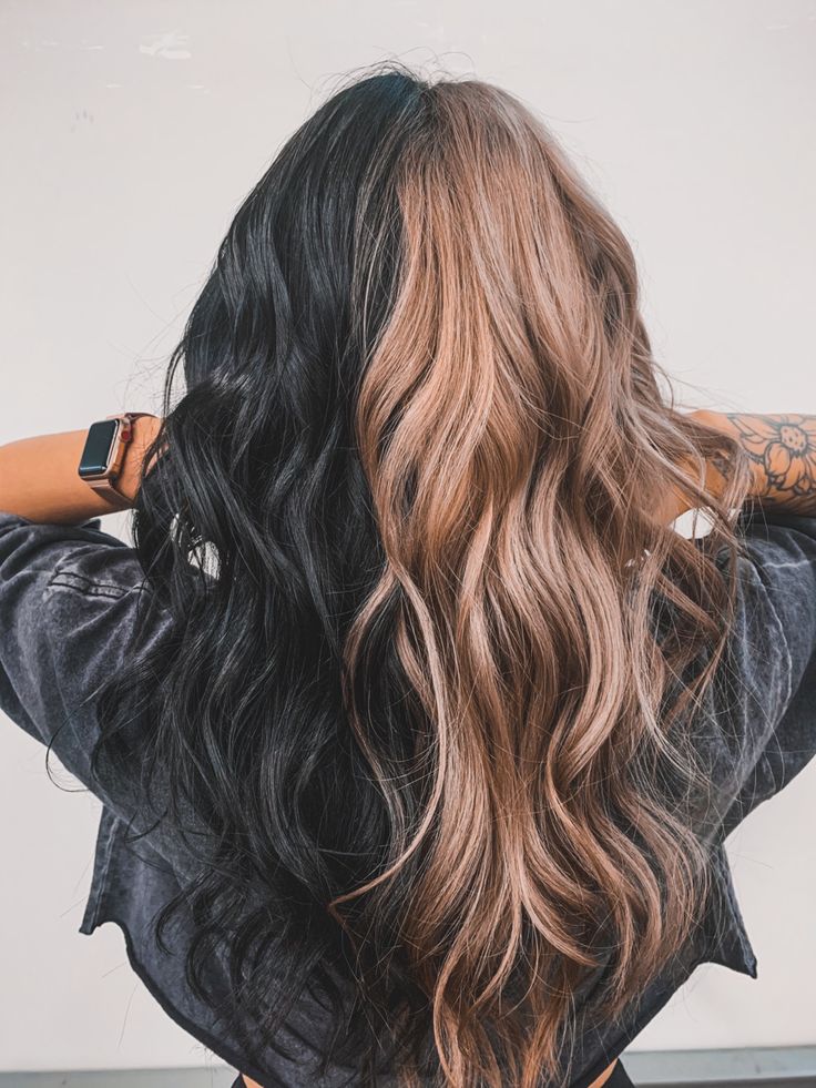 Hair Color 2023 Money Piece, Split Brown And Black Hair, Black With Blonde Peekaboo Highlights, Edgy Strawberry Blonde Hair, Color Block Hair Natural Colors, Dark Brown Light Brown Split Dye, Black And Colored Hair Ideas, Split Dye Balayage, Brown And Light Brown Hair Split