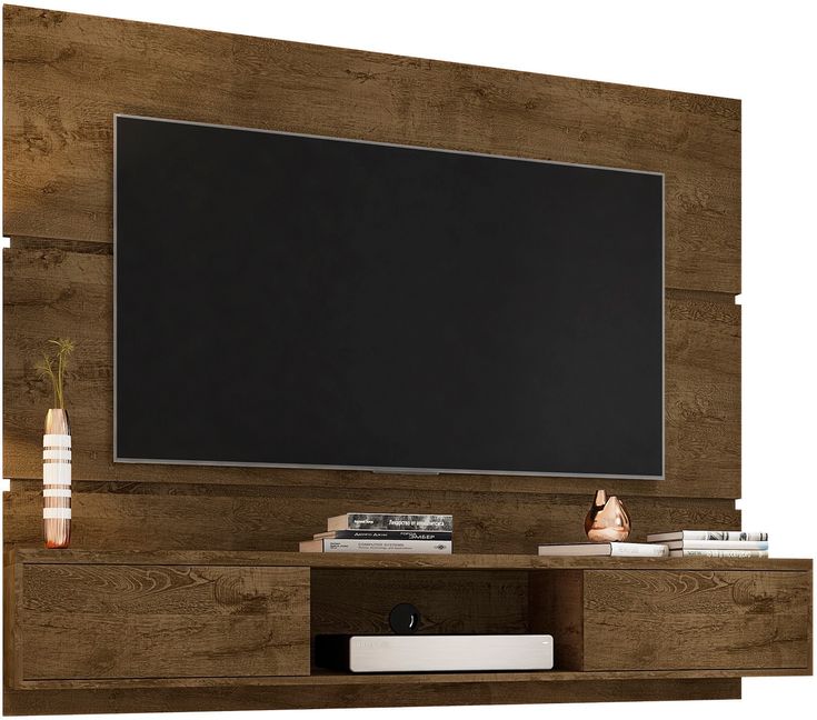 a flat screen tv mounted to the side of a wooden wall