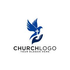 the church logo is blue and has a cross on it, as well as a dove