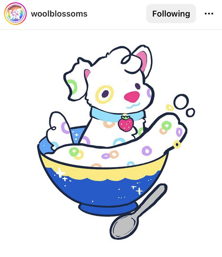 a drawing of a dog in a bowl with spoons on the side and sprinkles all over it