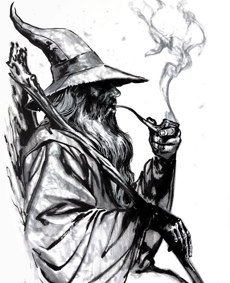 a drawing of an old wizard with a pipe