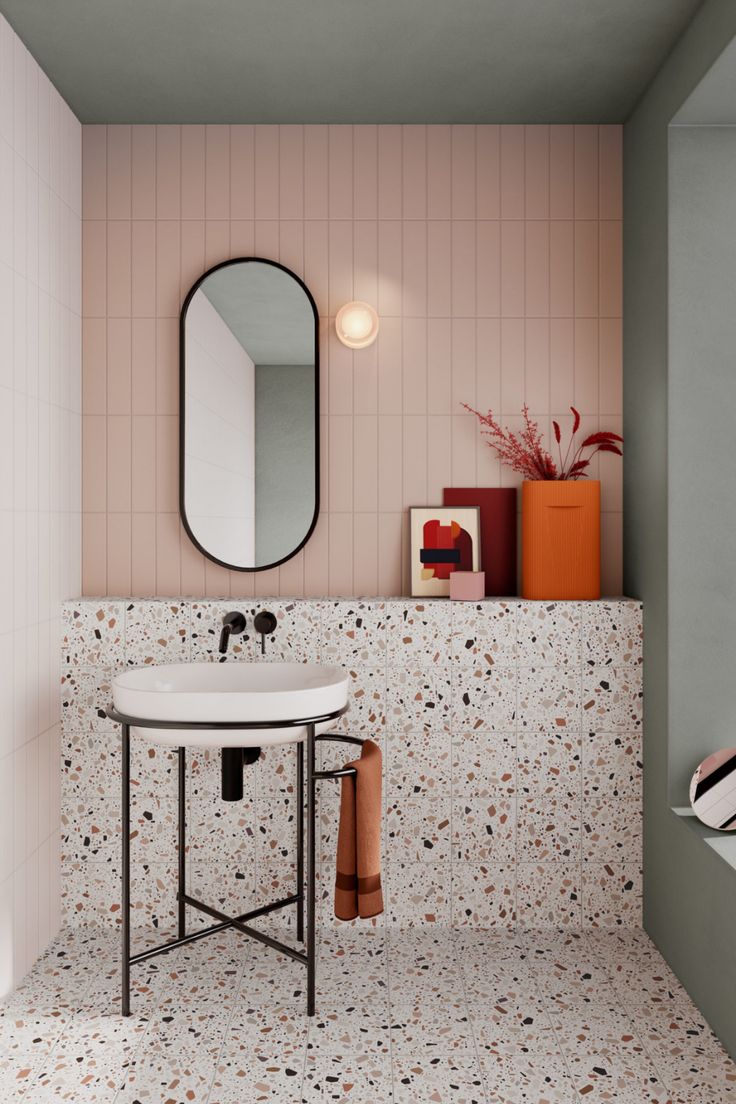 Terrazzo Tile in Bathroom Setting Bathroom Terrazzo, Earthy Bathroom, Terrazzo Bathroom, Bold Bathroom, Terrazzo Flooring, Toilet Design, Downstairs Bathroom, Bathroom Inspiration Decor, Small Bathrooms