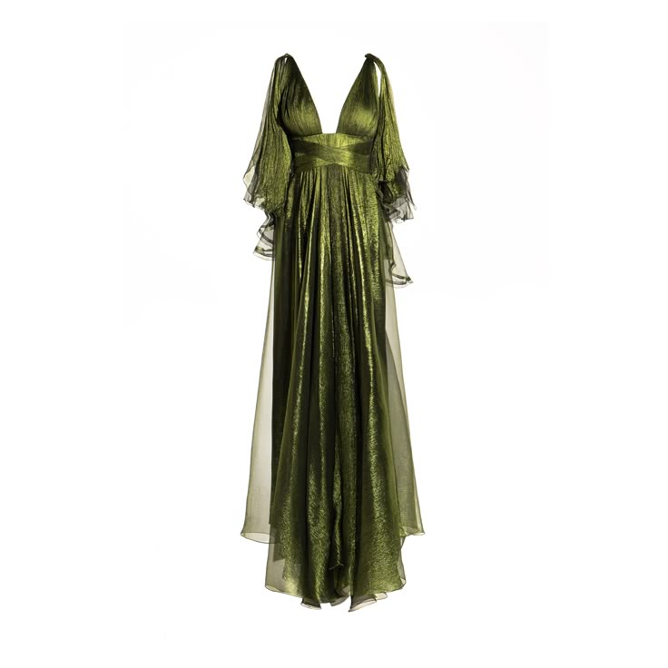 A dramatic full-length dress with a plunging V-neck, the ADA gown is available in metallic silk mousseline featuring an open back and a flared skirt which falls with fluid movement. The gown comes with a detachable shoulder sashes, which add versatility to the dress. Chifon Dress, Maria Lucia Hohan, Green Gown, Full Length Dress, Gowns With Sleeves, Style Maxi Dress, Designer Gowns, Flared Skirt, Fancy Dresses