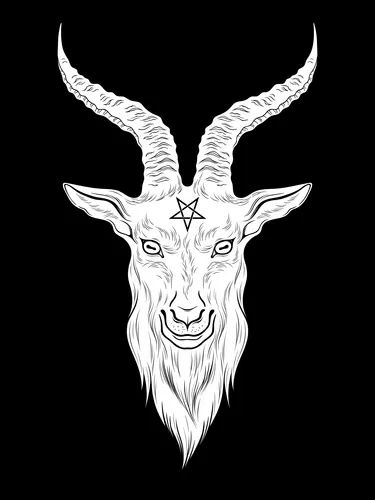 the head of an animal with long horns and a pentagramus star on it's forehead