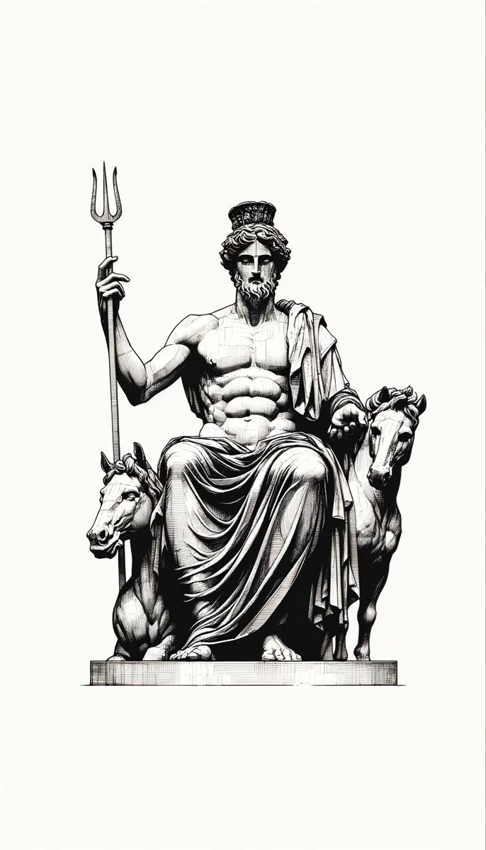 a drawing of a statue of the greek god pose with his staff and two goats