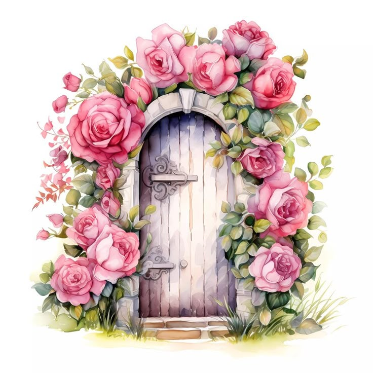 a watercolor painting of a door with pink roses around it