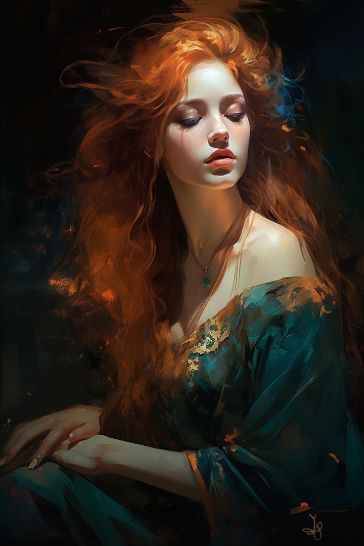 a painting of a woman with long red hair and blue dress, in the dark