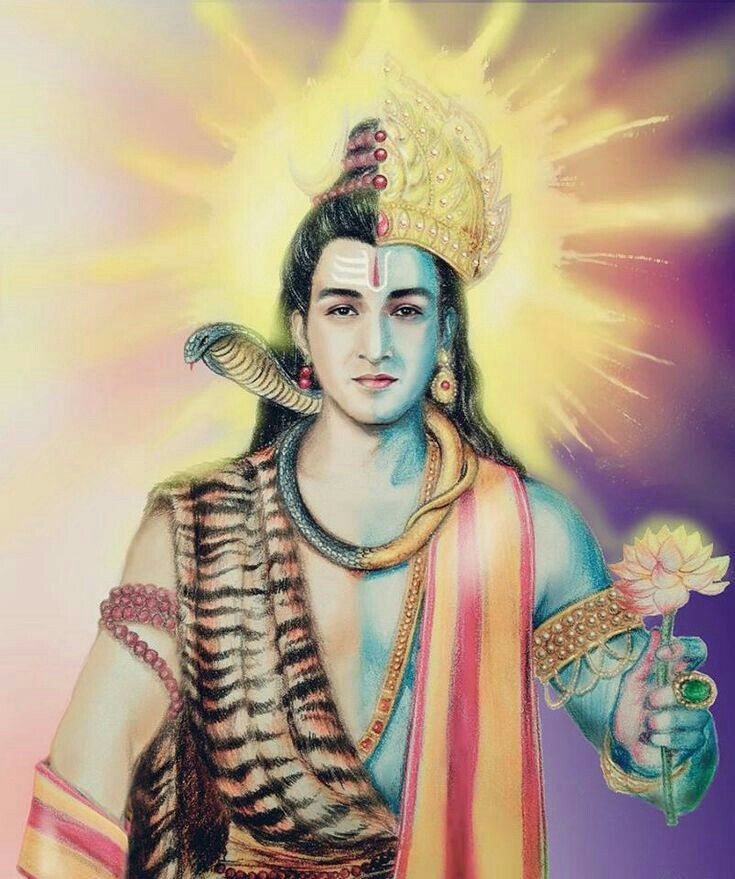 a painting of lord rama holding a flower in his hand with the sun shining behind him