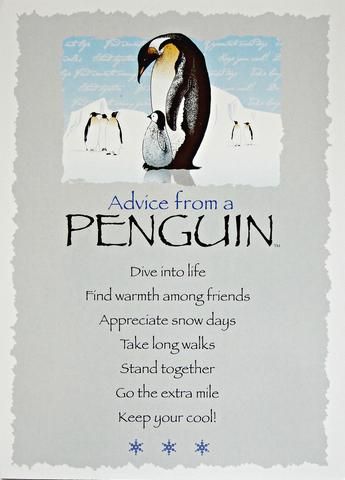 an advert for penguin in the snow with penguins on it's back ground