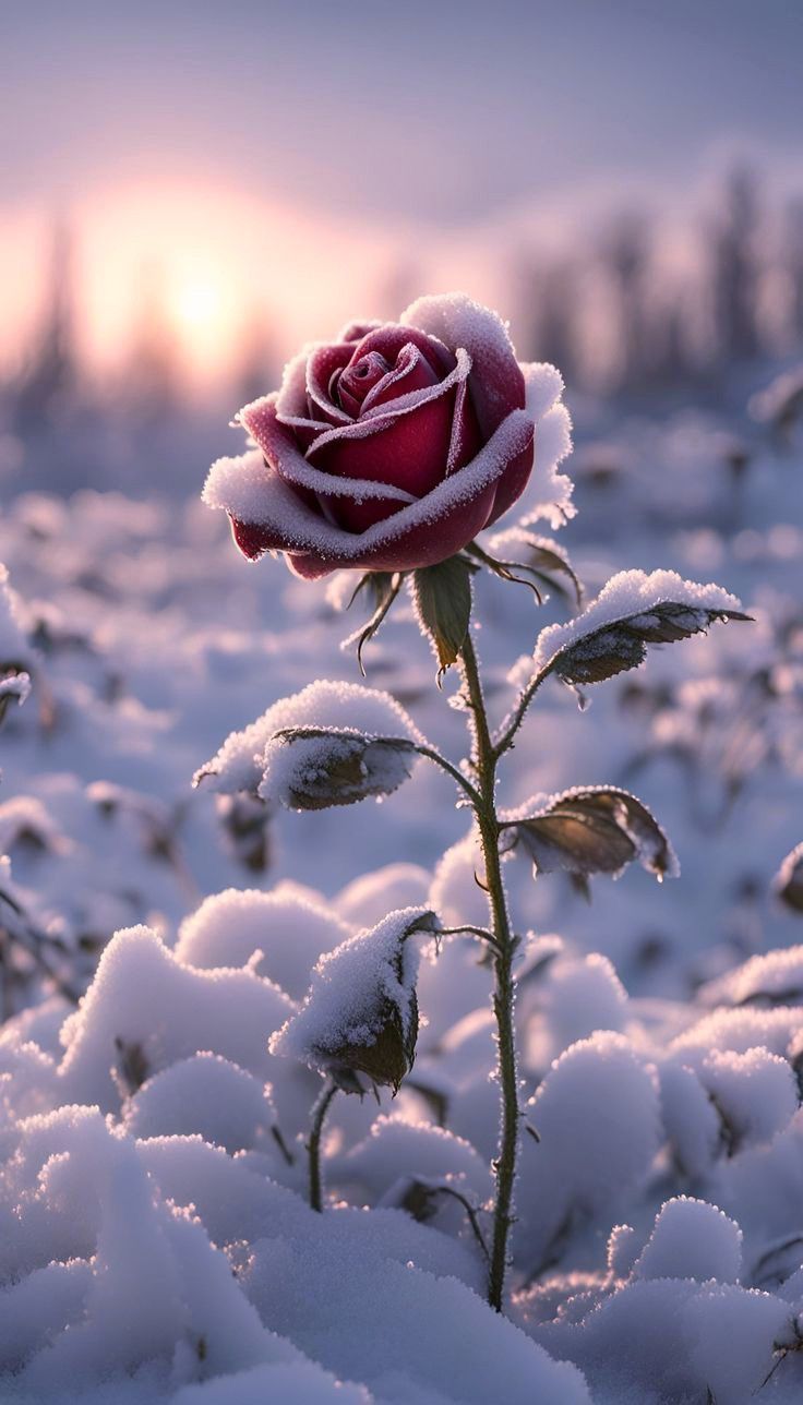 a single red rose covered in snow with the sun behind it and trees in the background