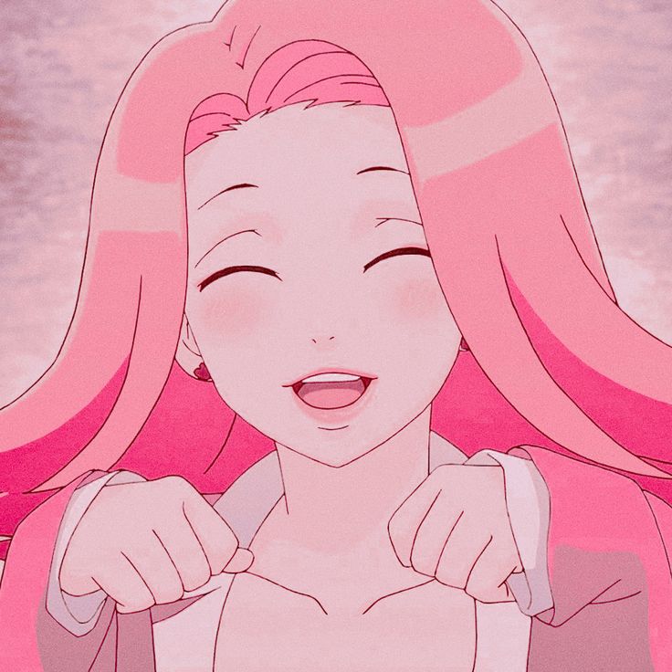 an anime character with pink hair smiling and holding her fist up to the camera,