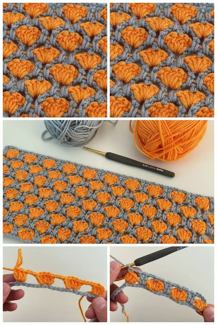 the crochet pattern is being worked on by someone using yarn to make it