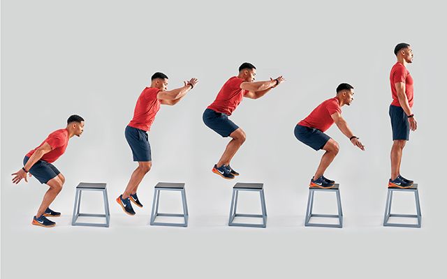 a man is jumping on a stool and doing different things in the same direction as he does