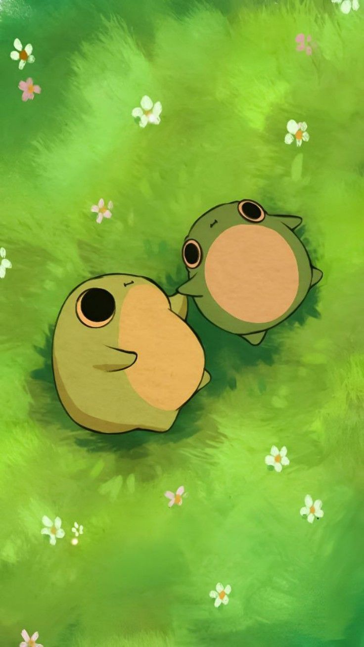 two cartoon animals laying in the grass with flowers on it's back legs and eyes open