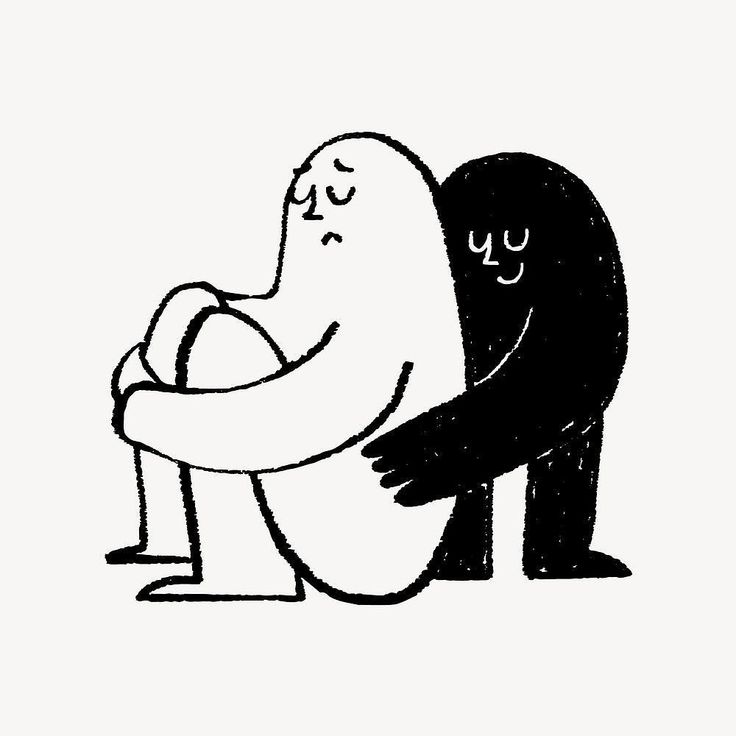 a black and white drawing of a man hugging another person's face with his hands