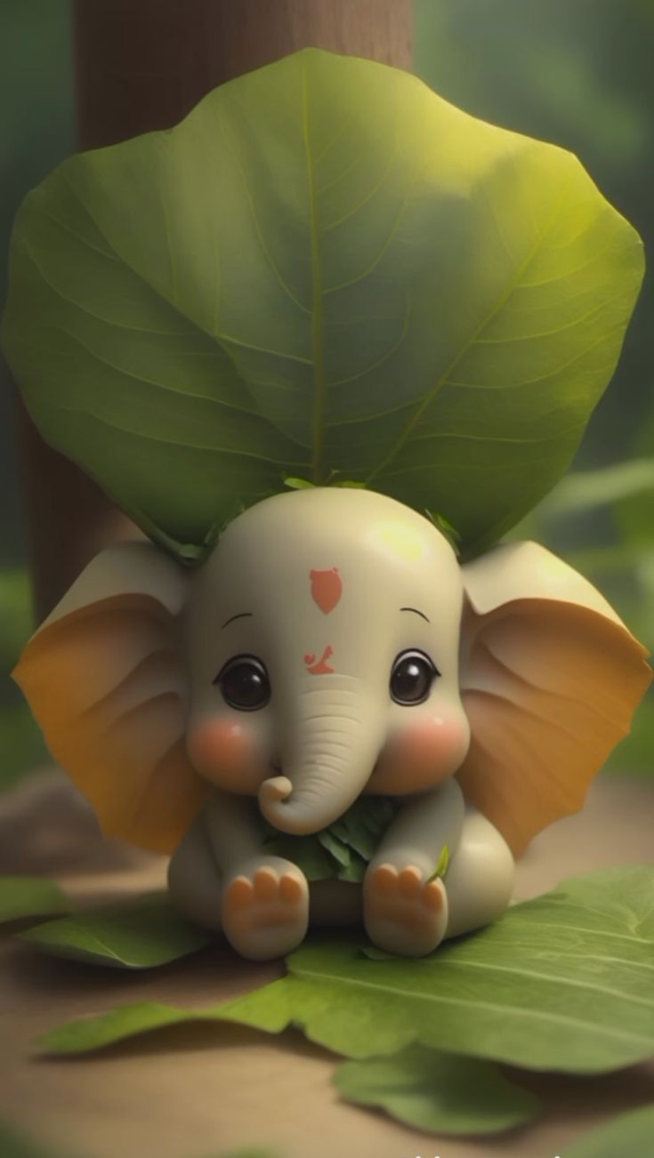 a small elephant sitting on top of a green leaf