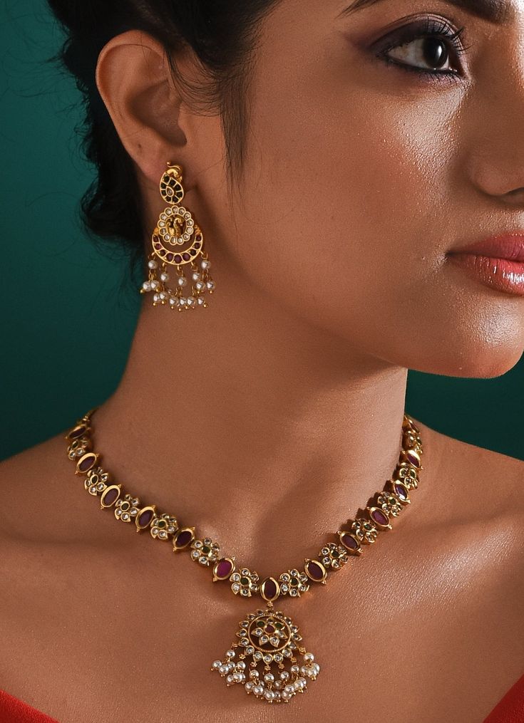 Gold Plated And Multi Stone Necklace With Earrings Zaza By Somya - Fabilicious Fashion Feminine Jewelry, Bold Necklace, Necklace Sets, Delicate Chain, Rings Bracelets, Statement Pendant, Confident Woman, Style Earrings, Multi Stone