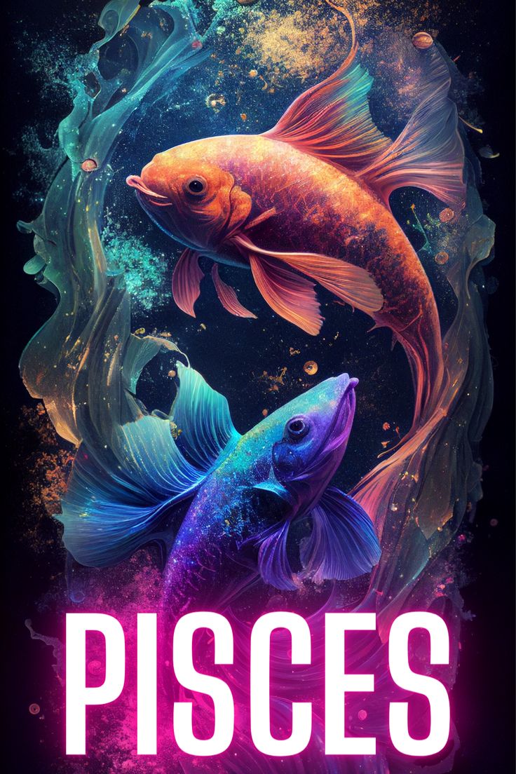 two gold fish swimming in the water with words pisces on it's side