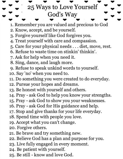 the 25 ways to love yourself god's way poem on a white paper background