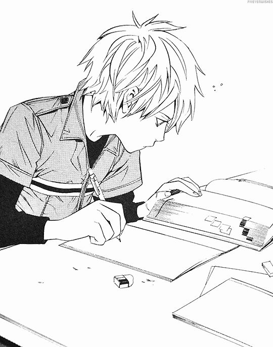 an anime boy is sitting at a desk writing on a piece of paper with a pen in his hand