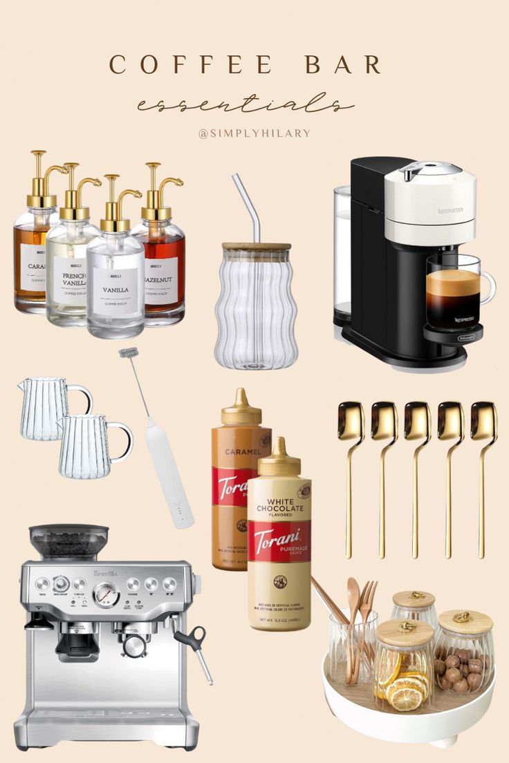 Amazon home essentials/finds for at home coffee bar Coffee Bar Stand Ideas, Coffee Bar Ideas Restaurant, At Home Barista Bar, Coffee Station Essentials, Coffee Bar List, Espresso Machine Set Up, Coffee Bar Ingredients, Aesthetic Coffee Bar Home, Coffee Syrup Storage