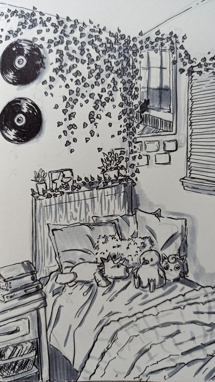 a black and white drawing of a bed in a room with vinyl records on the wall