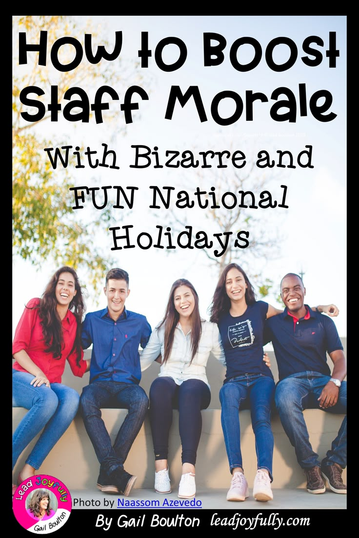 four people sitting on a bench with the words how to boost staff and fun national holidays